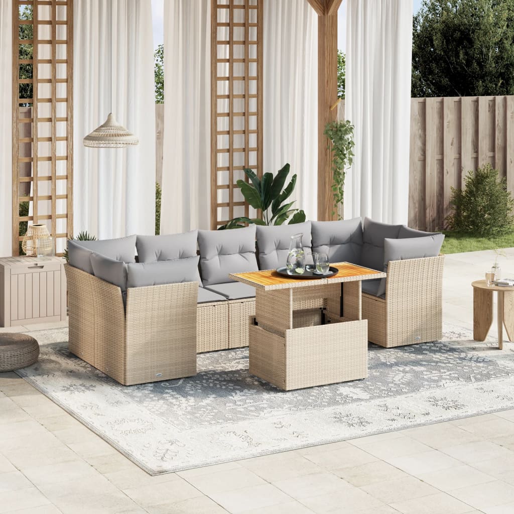 8 Piece Garden Sofa Set with Cushions Beige Poly Rattan