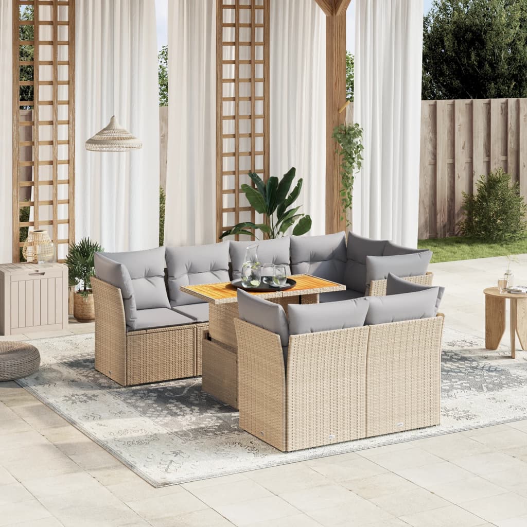 8 Piece Garden Sofa Set with Cushions Beige Poly Rattan