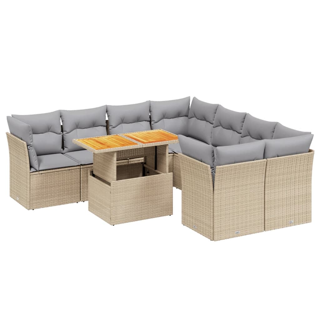 9 Piece Garden Sofa Set with Cushions Beige Poly Rattan