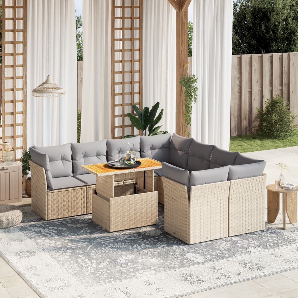 9 Piece Garden Sofa Set with Cushions Beige Poly Rattan