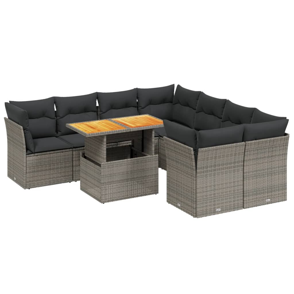 9 Piece Garden Sofa Set with Cushions Grey Poly Rattan