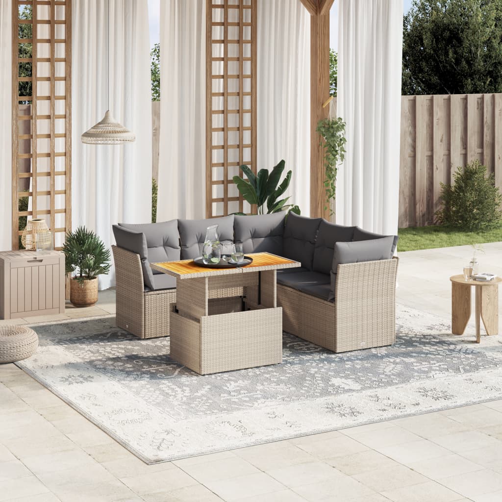 5 Piece Garden Sofa Set with Cushions Beige Poly Rattan