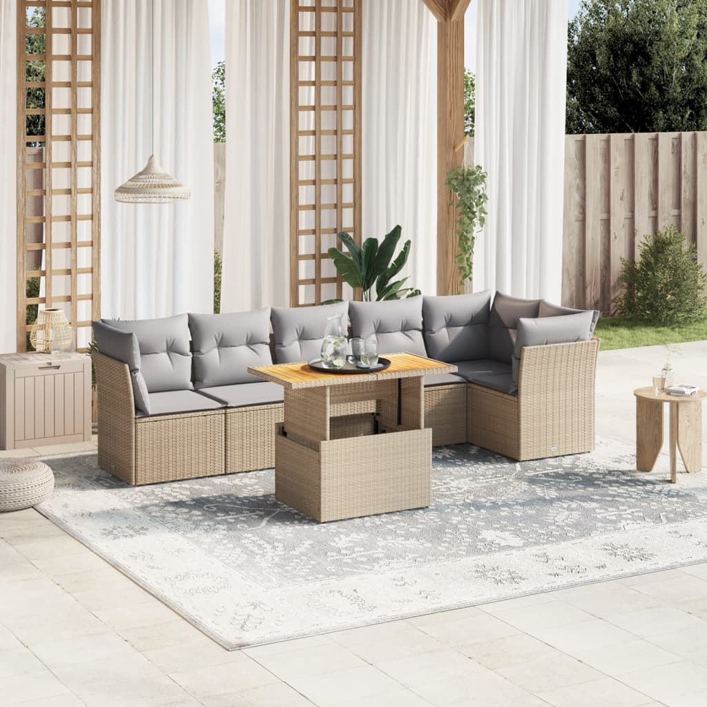 7 Piece Garden Sofa Set with Cushions Beige Poly Rattan