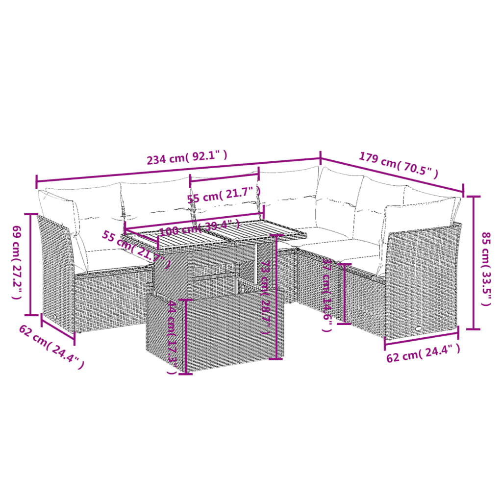 7 Piece Garden Sofa Set with Cushions Grey Poly Rattan