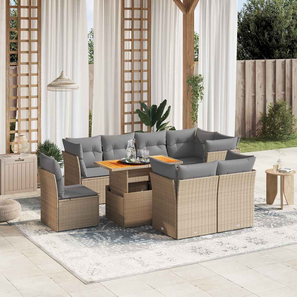 9 Piece Garden Sofa Set with Cushions Beige Poly Rattan