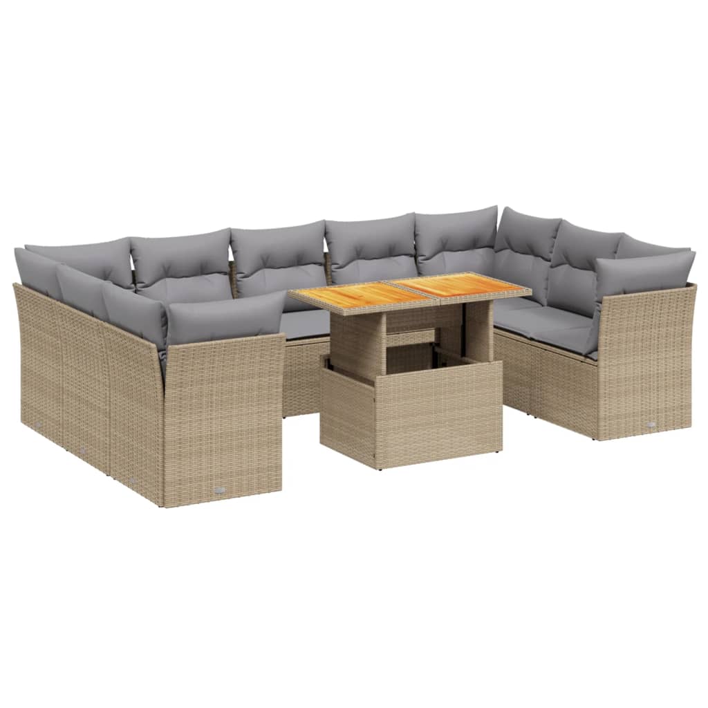 10 Piece Garden Sofa Set with Cushions Beige Poly Rattan