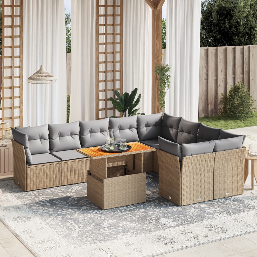 10 Piece Garden Sofa Set with Cushions Beige Poly Rattan