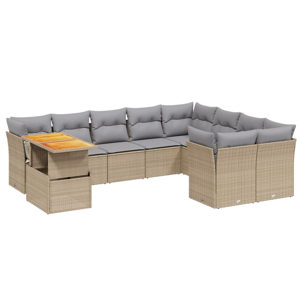10 Piece Garden Sofa Set with Cushions Beige Poly Rattan