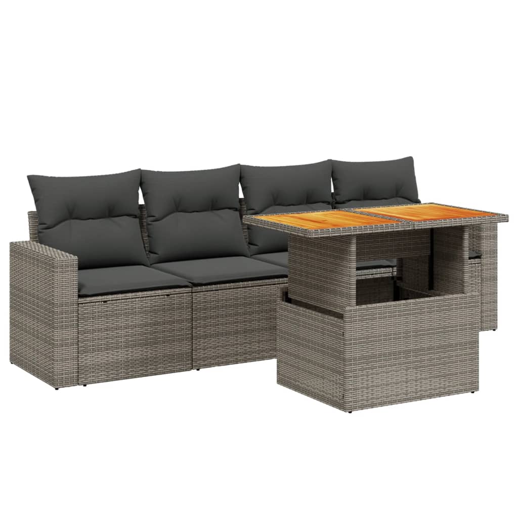 5 Piece Garden Sofa Set with Cushions Grey Poly Rattan