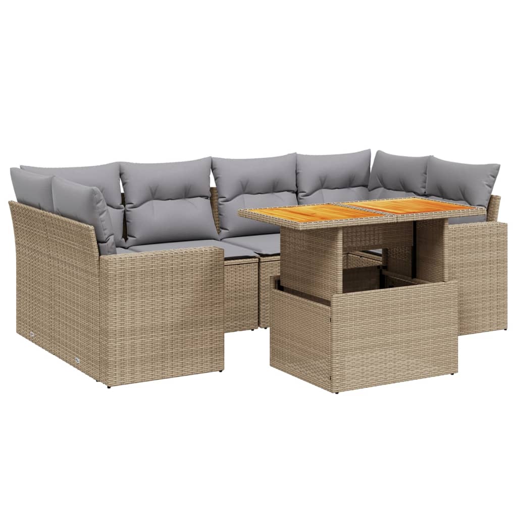 7 Piece Garden Sofa Set with Cushions Beige Poly Rattan