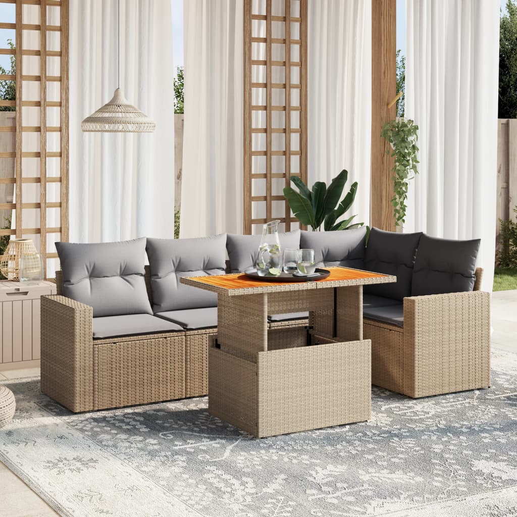 6 Piece Garden Sofa Set with Cushions Beige Poly Rattan