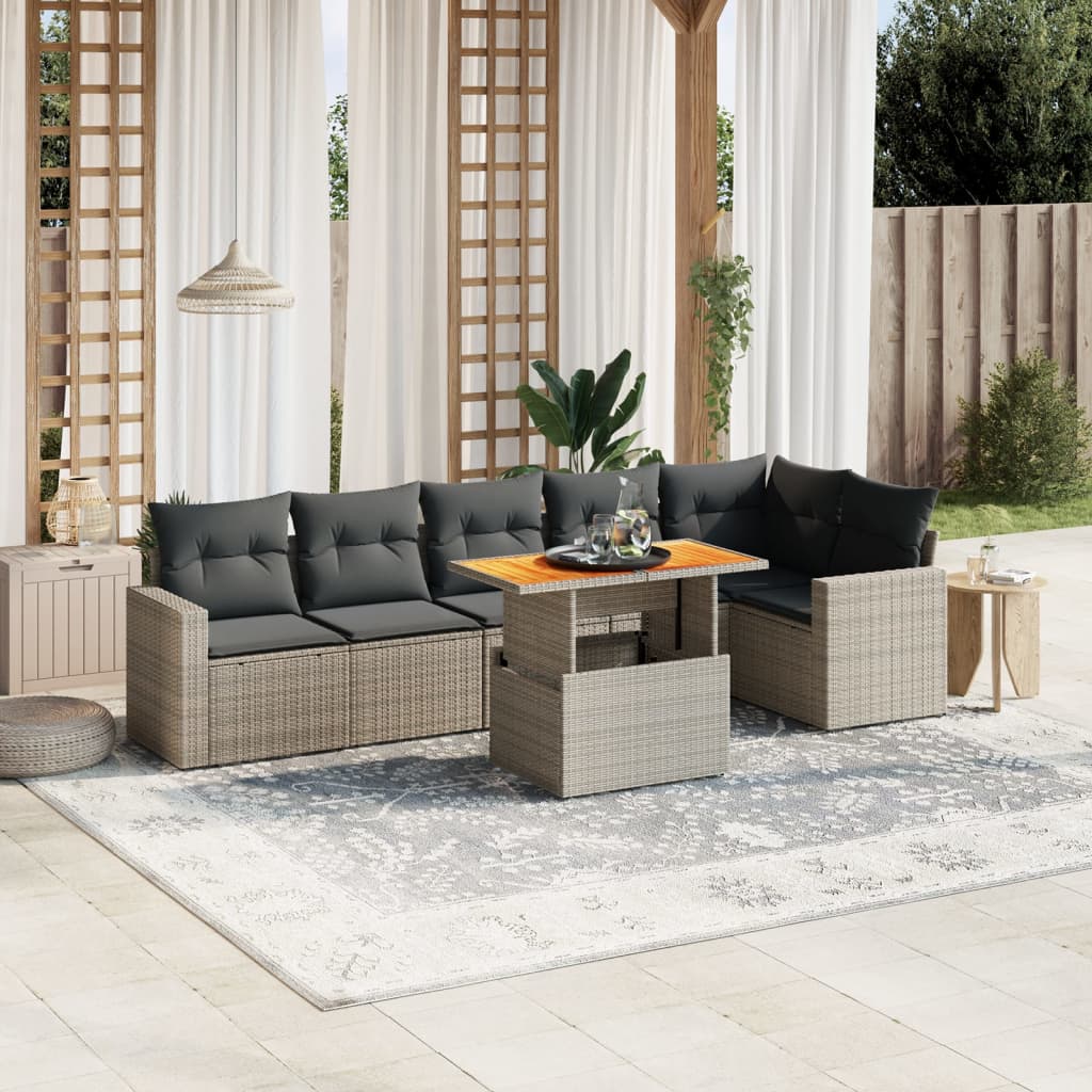7 Piece Garden Sofa Set with Cushions Grey Poly Rattan