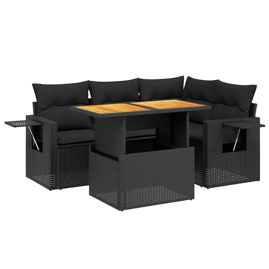 5 Piece Garden Sofa Set with Cushions Black Poly Rattan