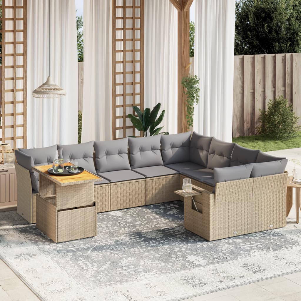10 Piece Garden Sofa Set with Cushions Beige Poly Rattan