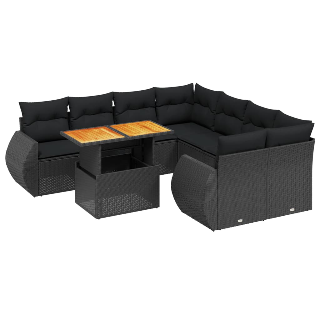 9 Piece Garden Sofa Set with Cushions Black Poly Rattan