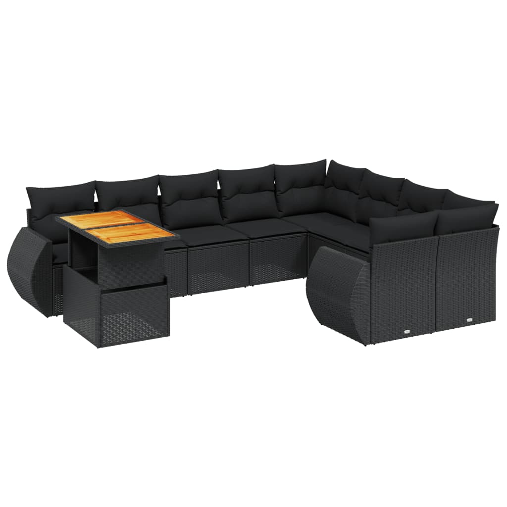 10 Piece Garden Sofa Set with Cushions Black Poly Rattan