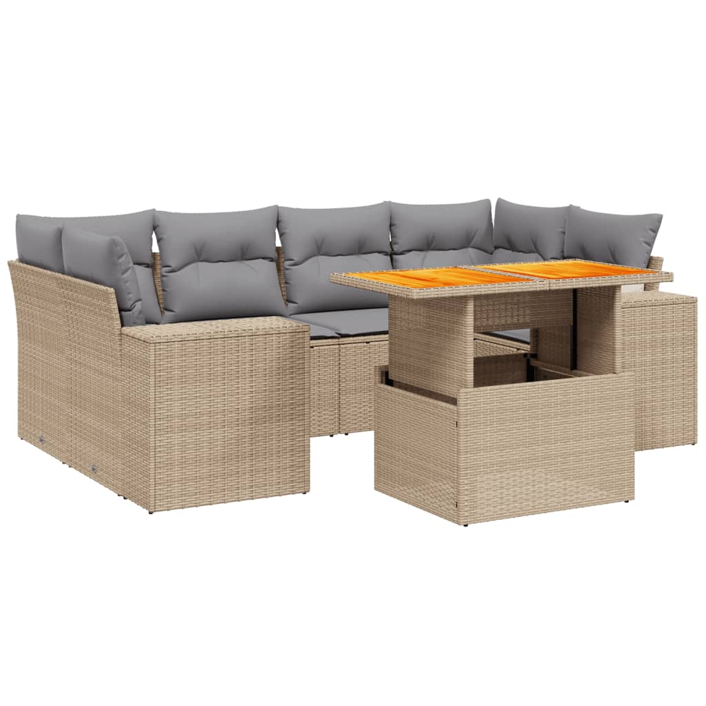 7 Piece Garden Sofa Set with Cushions Beige Poly Rattan