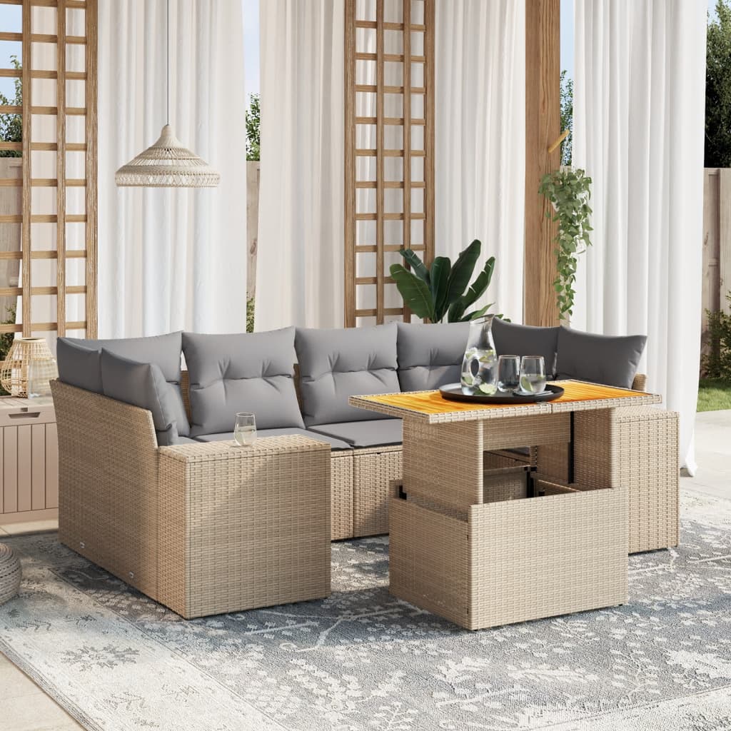 7 Piece Garden Sofa Set with Cushions Beige Poly Rattan