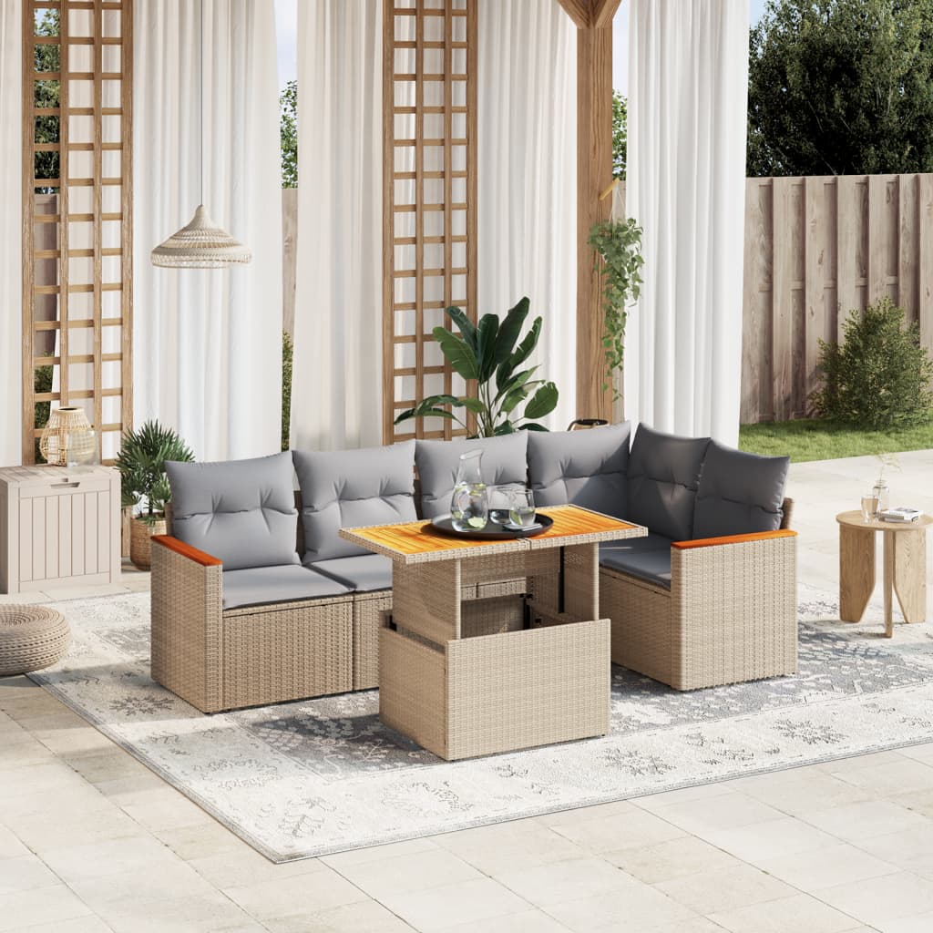 6 Piece Garden Sofa Set with Cushions Beige Poly Rattan