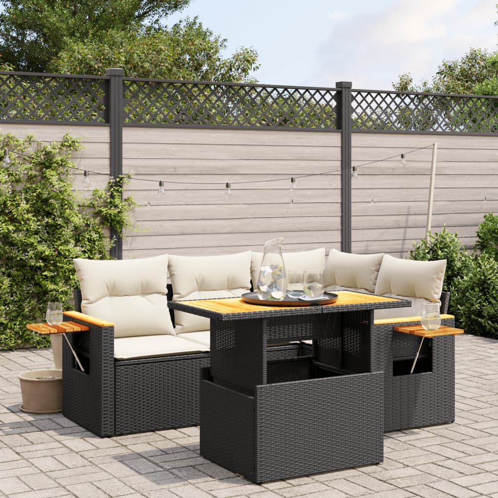 5 Piece Garden Sofa Set with Cushions Black Poly Rattan