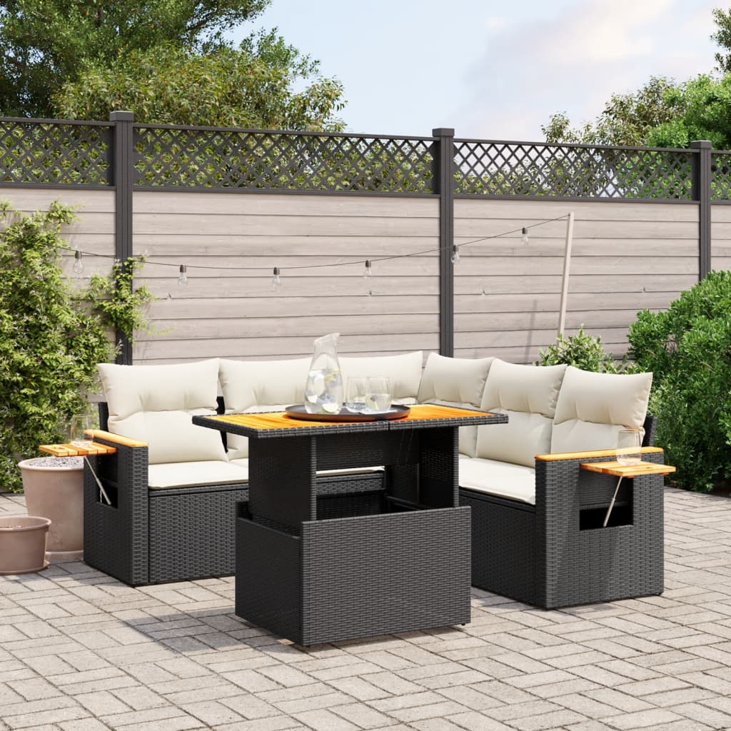 6 Piece Garden Sofa Set with Cushions Black Poly Rattan