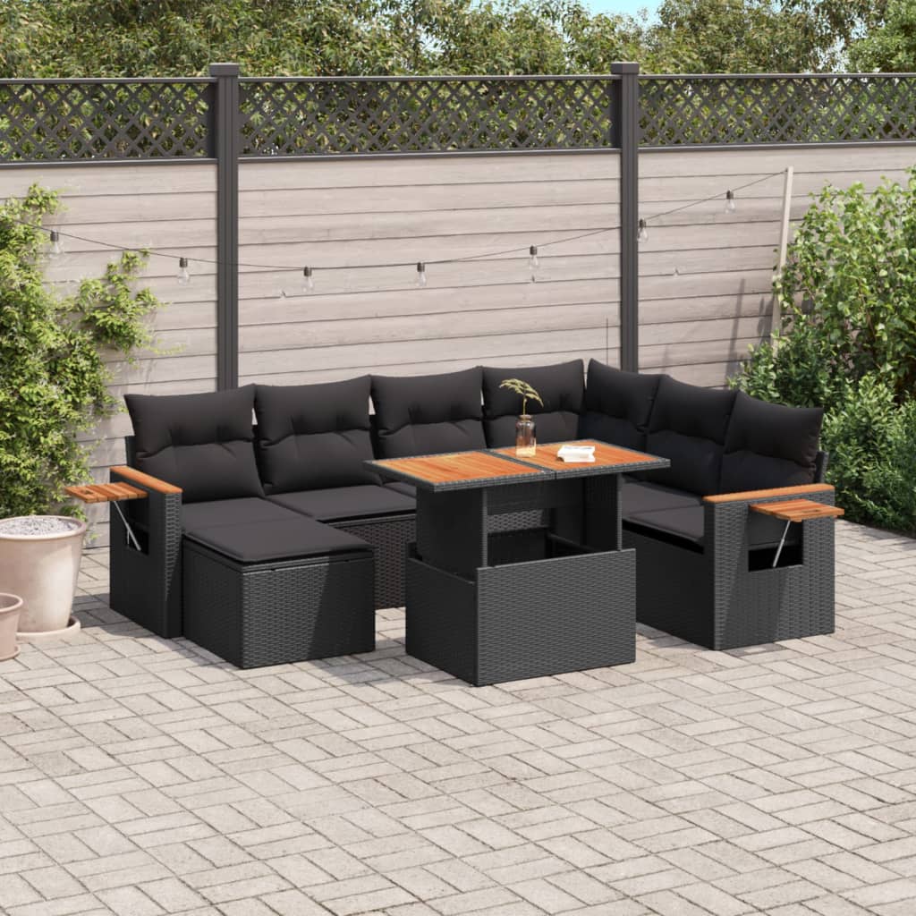 8 Piece Garden Sofa Set with Cushions Black Poly Rattan