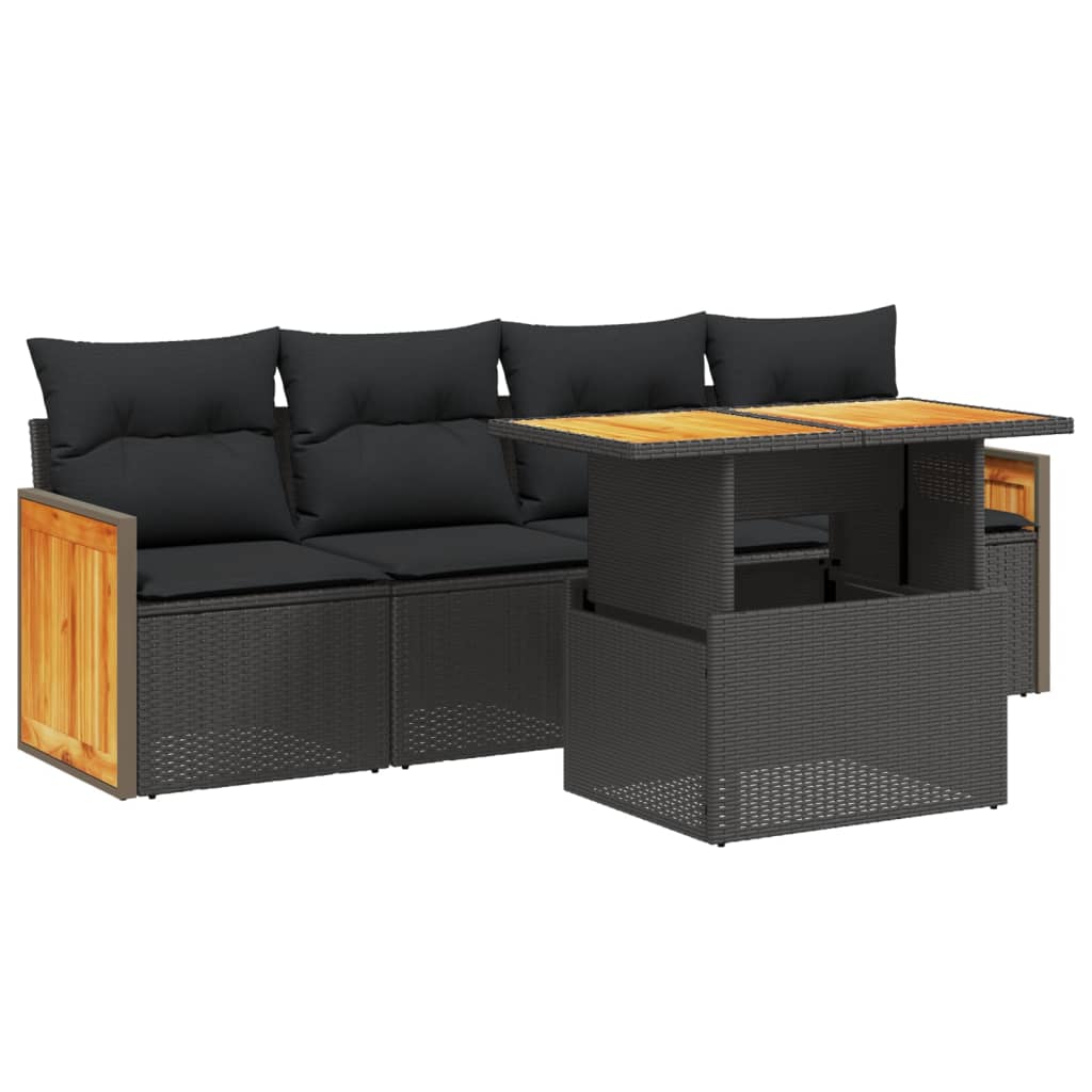 5 Piece Garden Sofa Set with Cushions Black Poly Rattan
