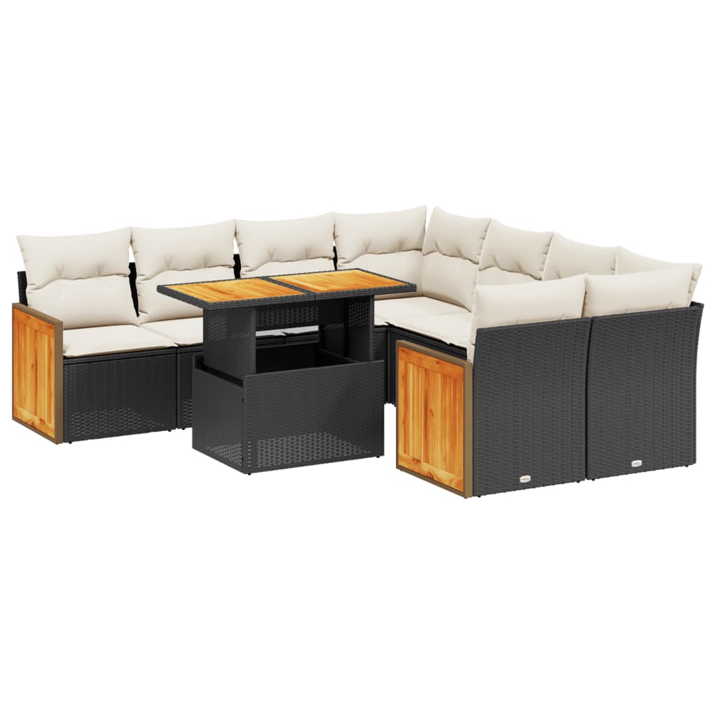 9 Piece Garden Sofa Set with Cushions Black Poly Rattan