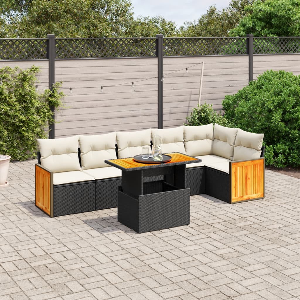 7 Piece Garden Sofa Set with Cushions Black Poly Rattan