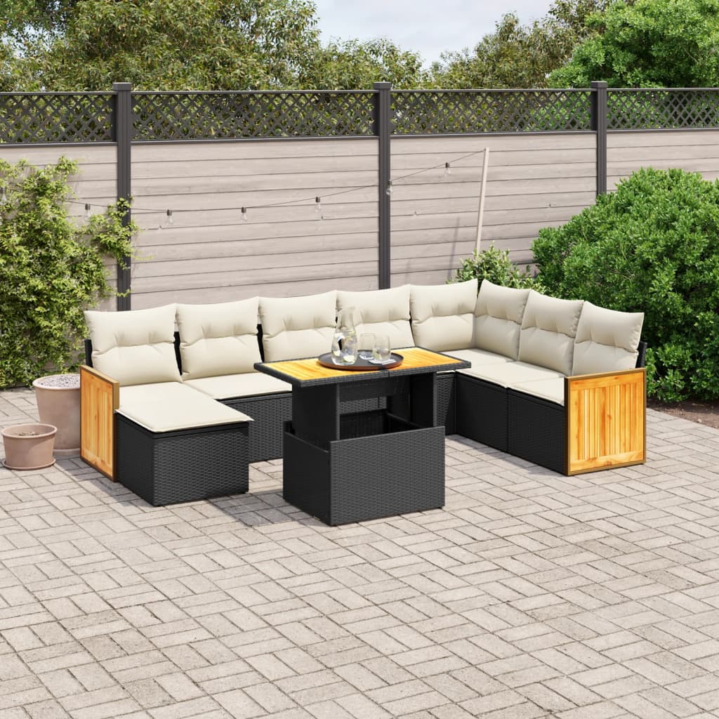 9 Piece Garden Sofa Set with Cushions Black Poly Rattan