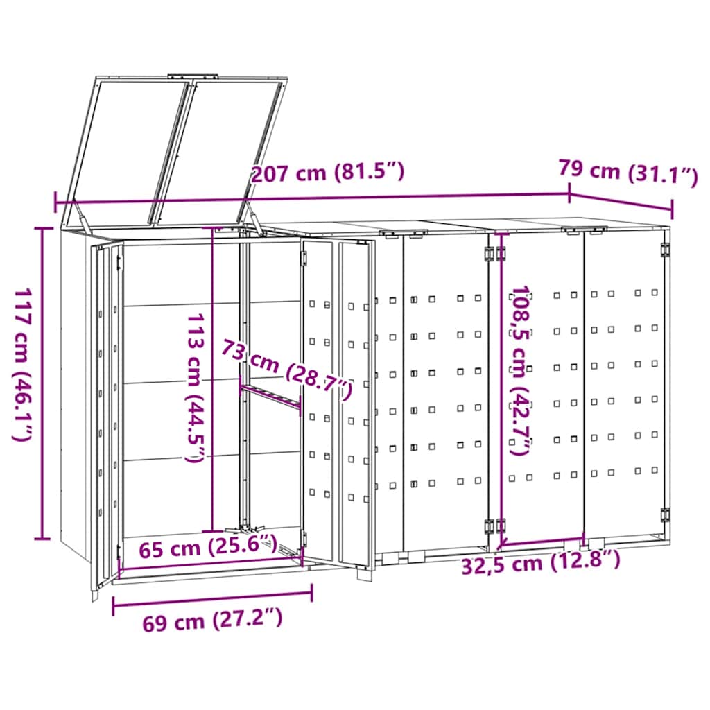 Wheelie Bin Storage for 3 Bins Grey 207x79x117 cm Steel