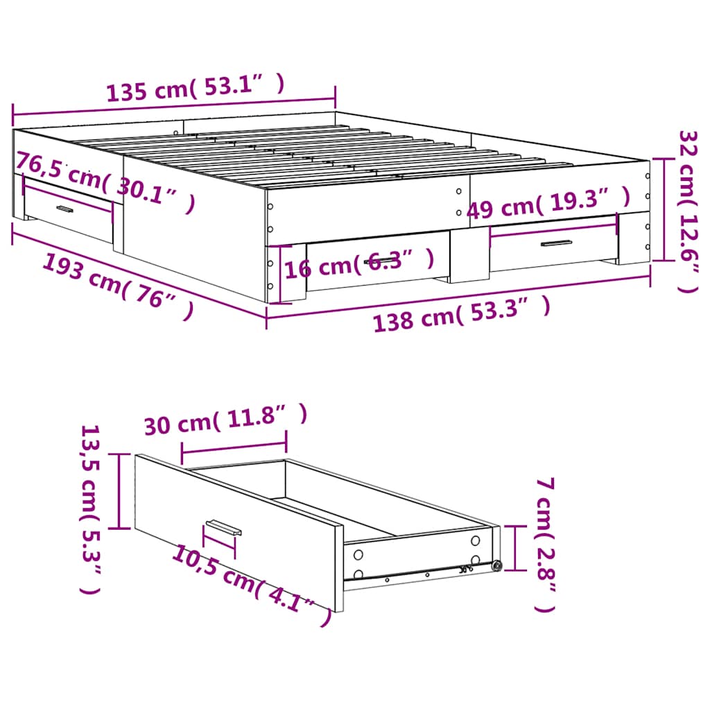 Bed Frame with Drawers without Mattress White 135x190 cm