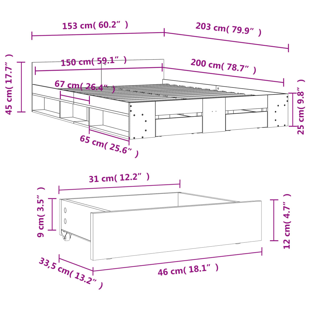 Bed Frame with Drawers without Mattress White 150x200 cm