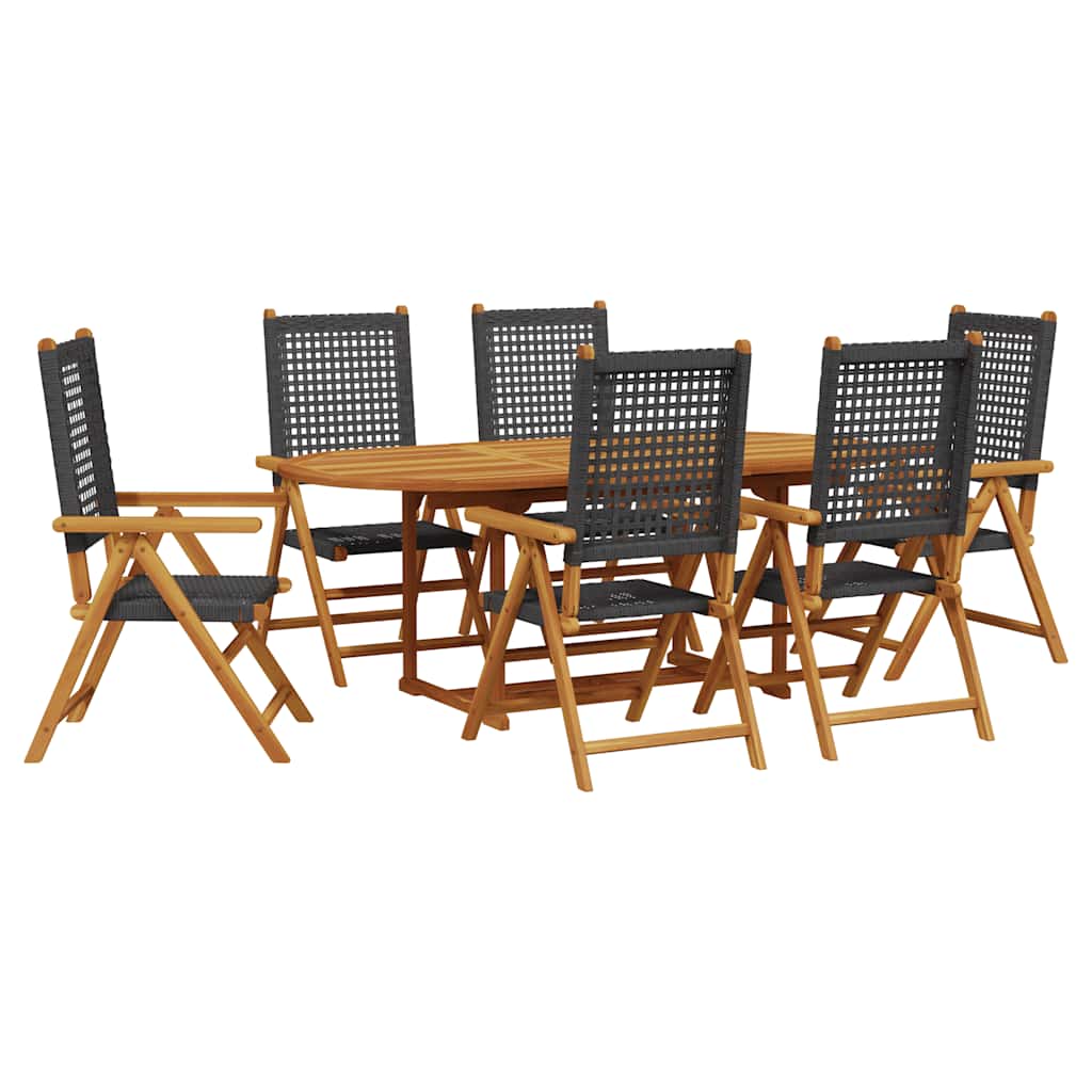 7 Piece Garden Dining Set Black Poly Rattan and Solid Wood