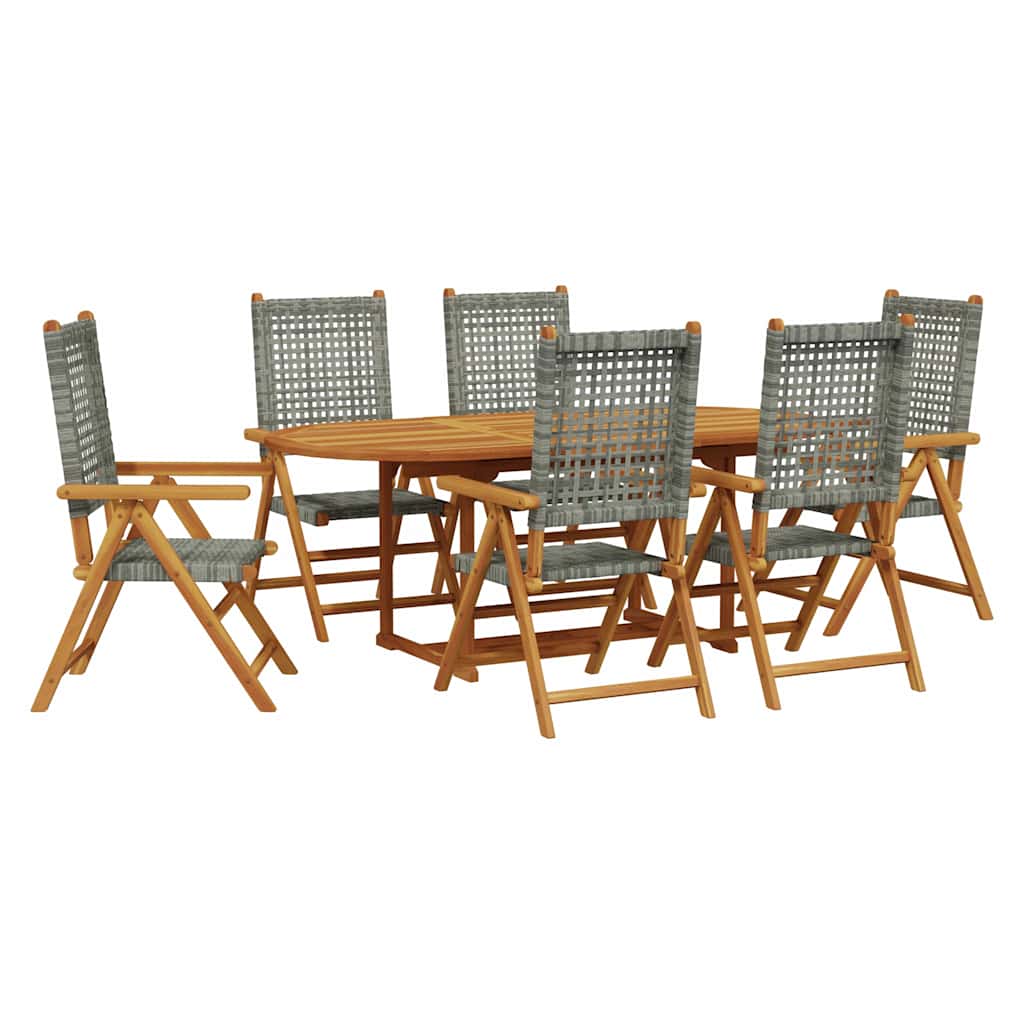 7 Piece Garden Dining Set Grey Poly Rattan and Solid Wood