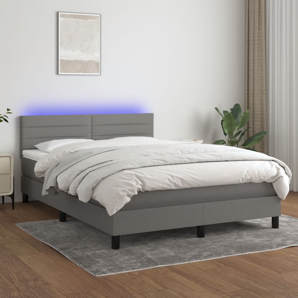 Box Spring Bed with Mattress&LED Dark Grey 137x190 cm Full Fabric