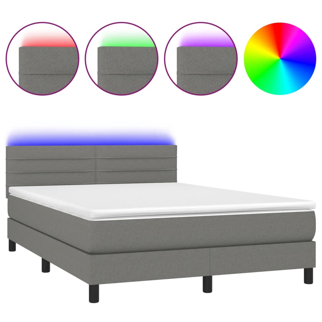 Box Spring Bed with Mattress&LED Dark Grey 137x190 cm Full Fabric