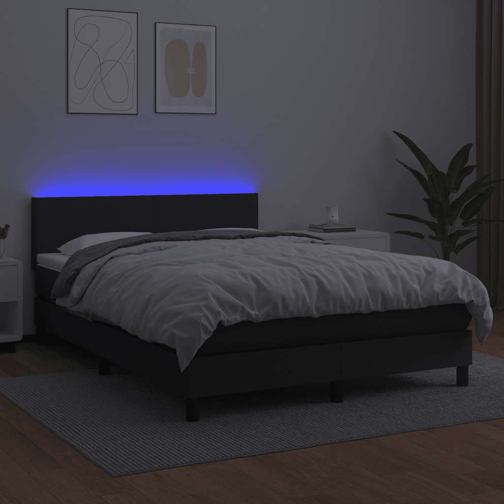 Box Spring Bed with Mattress&LED Black 137x187 cm Double Size Faux Leather