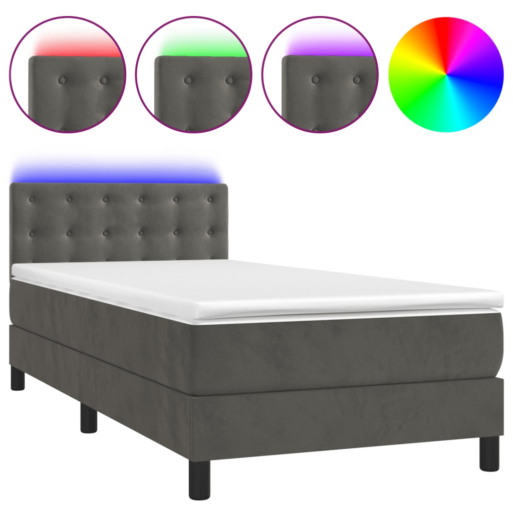Box Spring Bed with Mattress&LED Dark Grey 107x203 cm King Single Size Velvet
