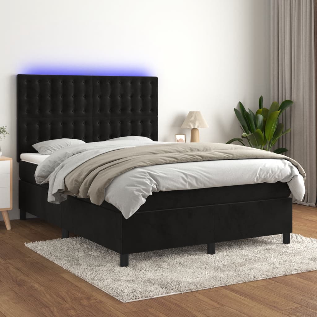 Box Spring Bed with Mattress&LED Black 153x203 cm Queen Size Velvet