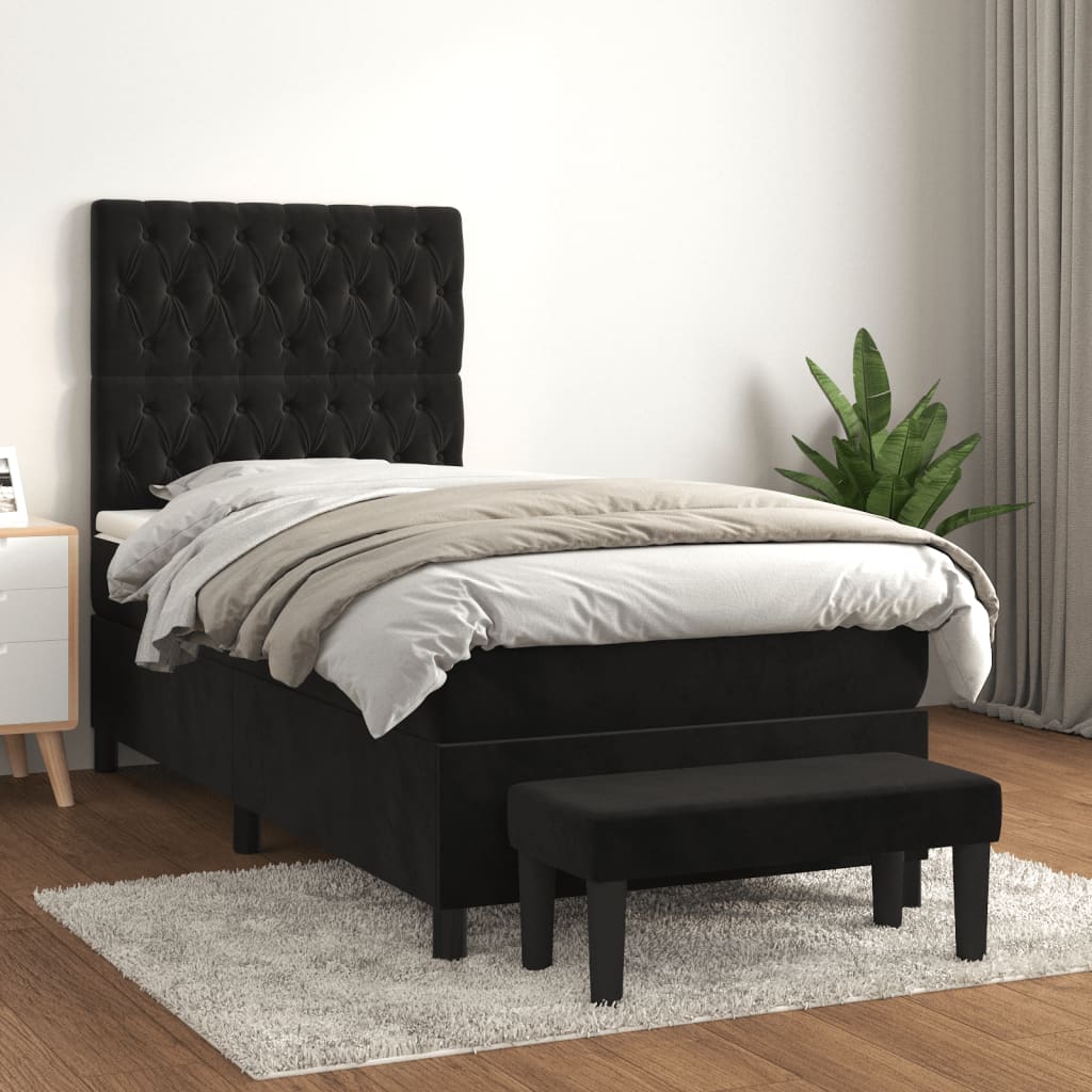 Box Spring Bed with Mattress Black 107x203 cm King Single Size Velvet
