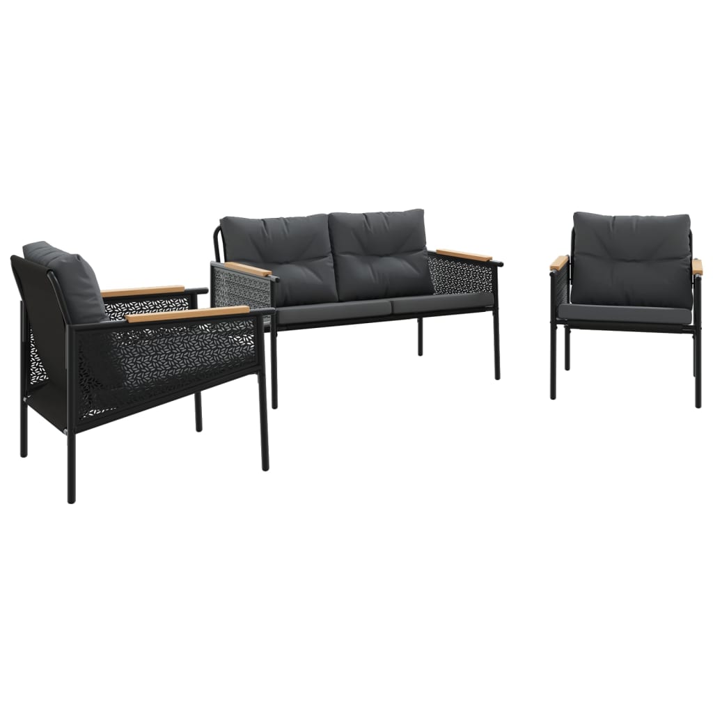 3 Piece Balcony Furniture Set with Cushions Black Steel