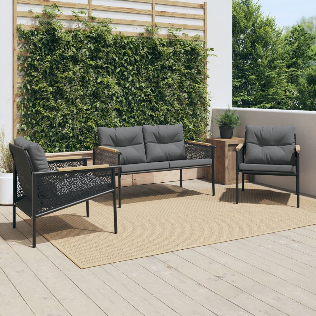 3 Piece Balcony Furniture Set with Cushions Black Steel