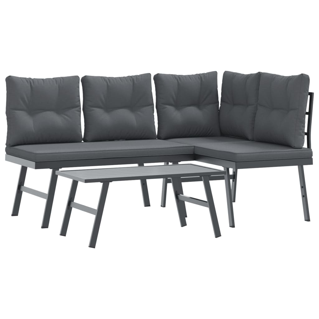 3 Piece Garden Bench Set with Cushions Black Powder-coated Steel