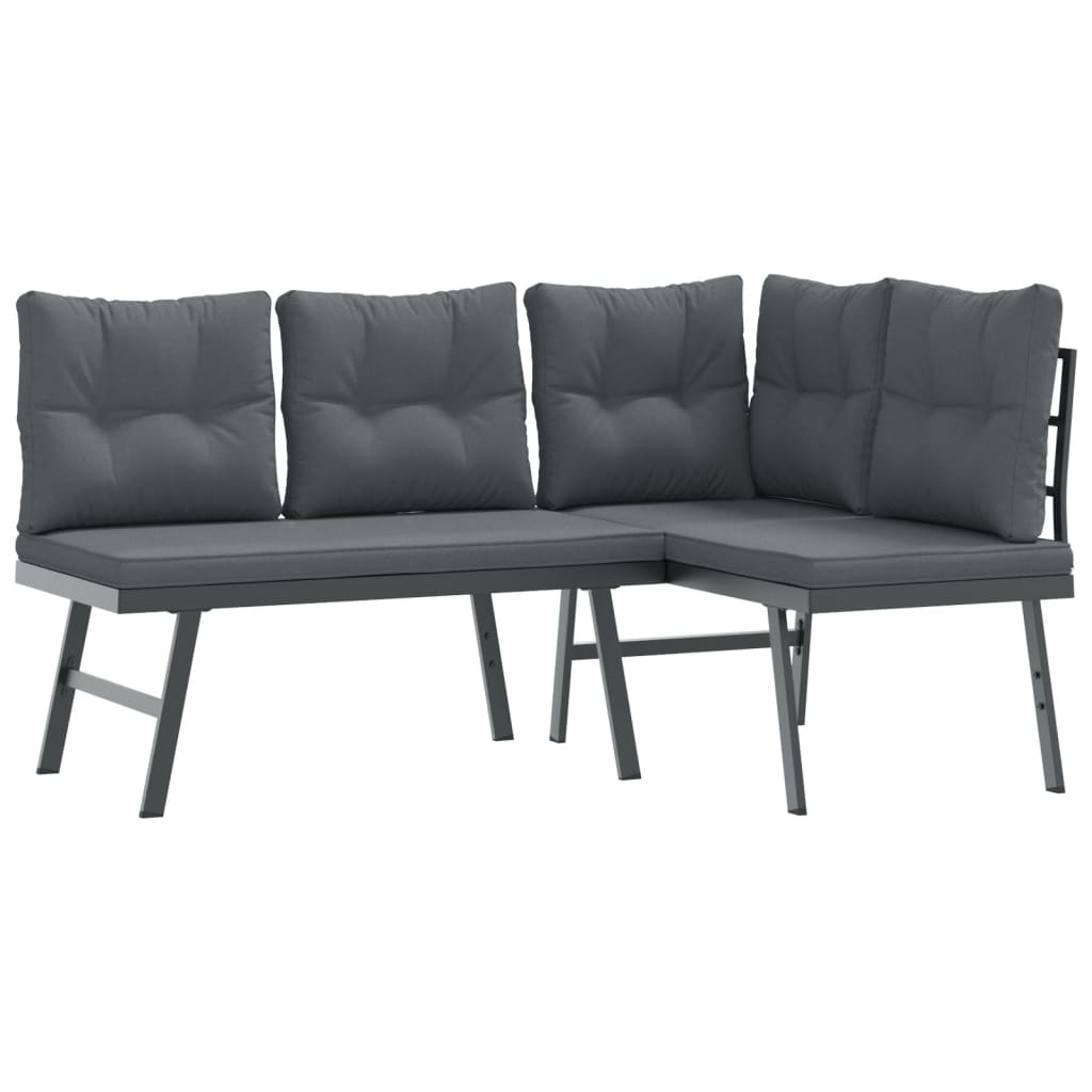 3 Piece Garden Bench Set with Cushions Black Powder-coated Steel