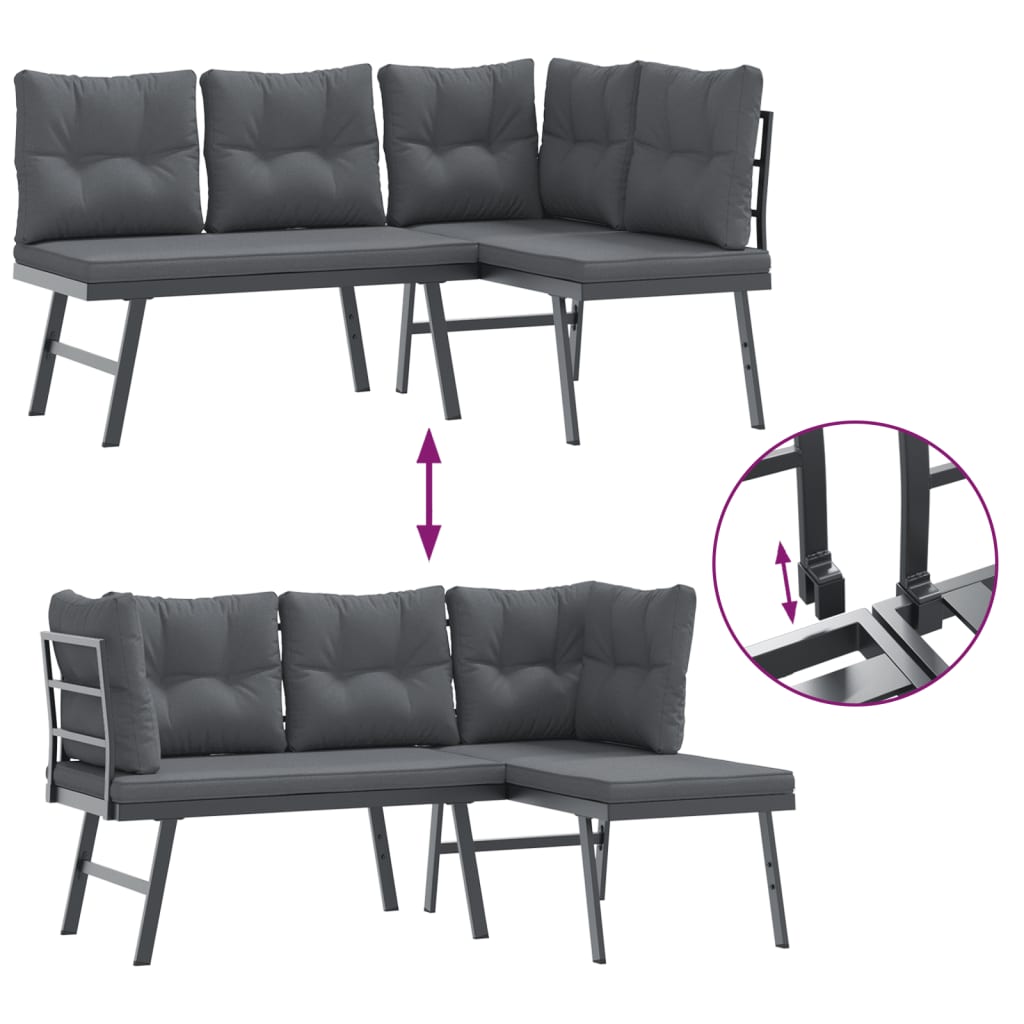 3 Piece Garden Bench Set with Cushions Black Powder-coated Steel