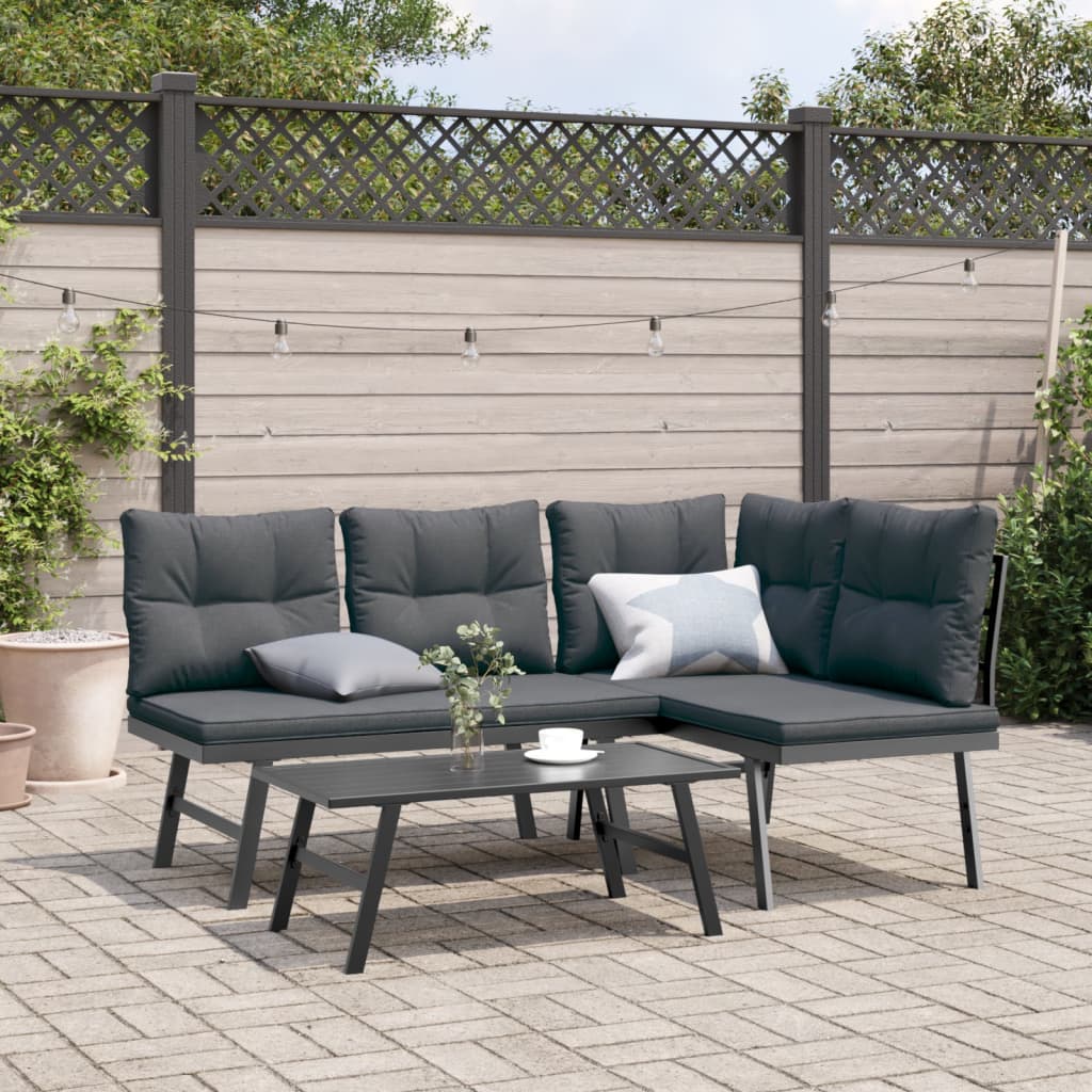 3 Piece Garden Bench Set with Cushions Black Powder-coated Steel