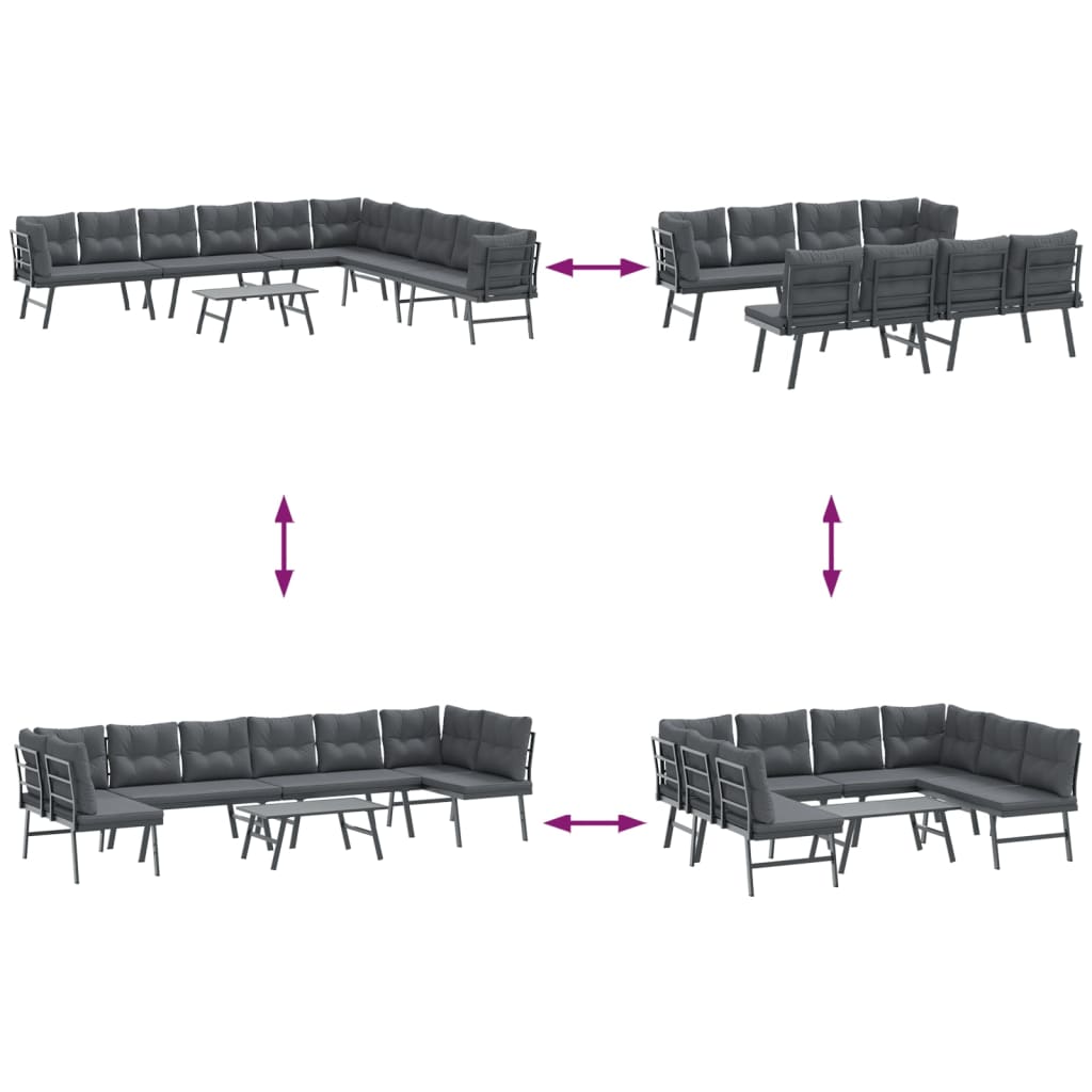 5 Piece Garden Bench Set with Cushions Black Powder-coated Steel