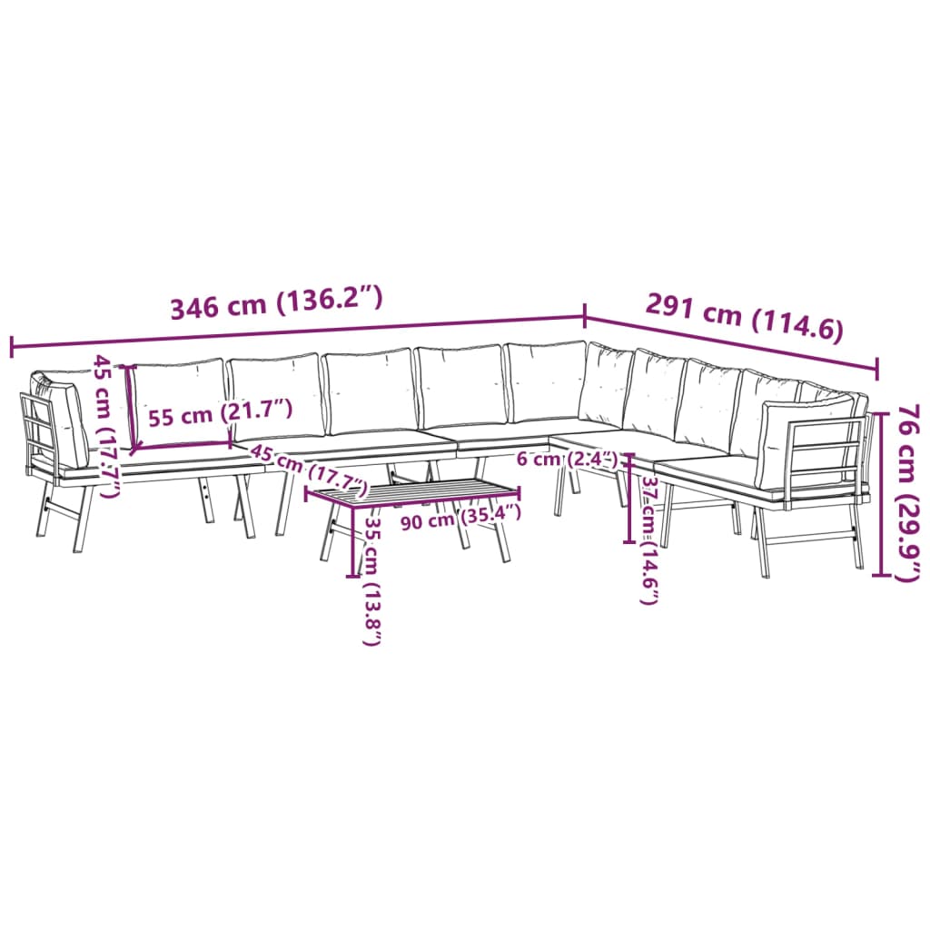 5 Piece Garden Bench Set with Cushions Black Powder-coated Steel