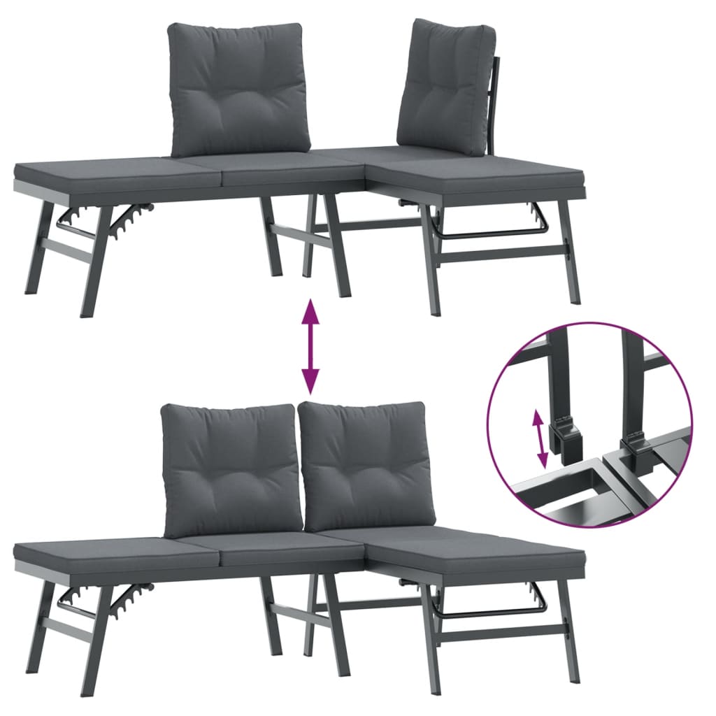 5 Piece Garden Bench Set with Cushions Black Powder-coated Steel